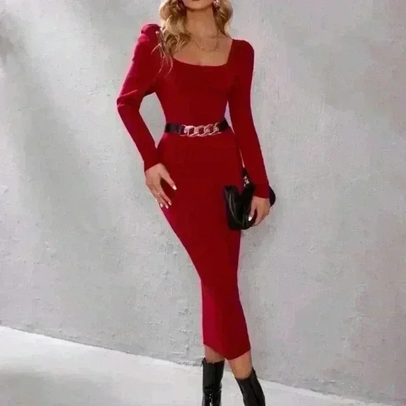 NWT Modely Puff Sleeve Knit Dress Without Belt Burgundy L-XL - Picture 4 of 5